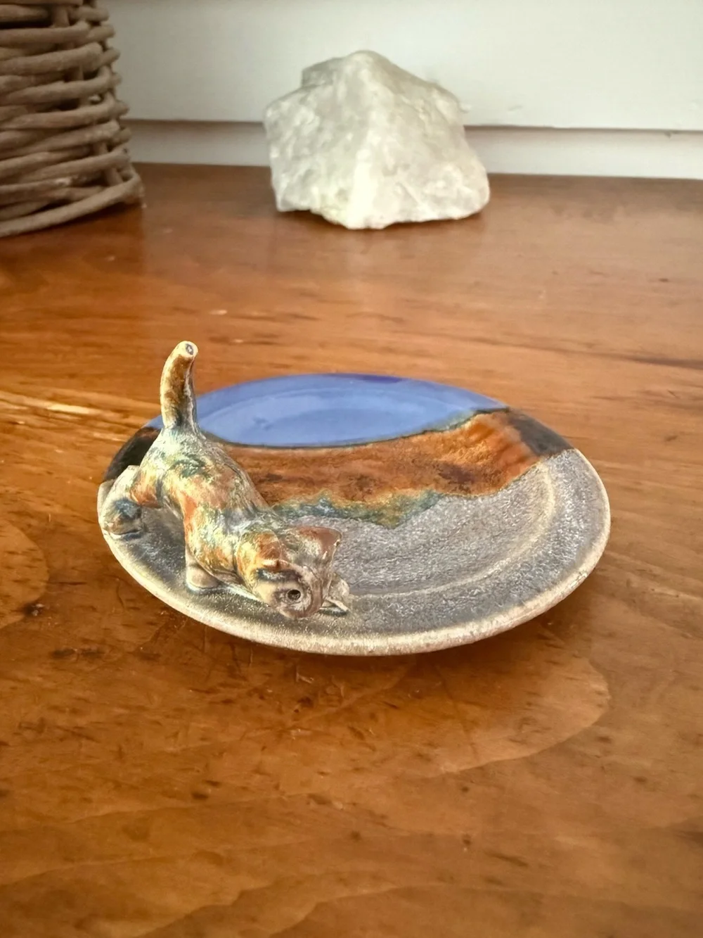 Handmade Pottery Cat Blue Trinket Ring Dish